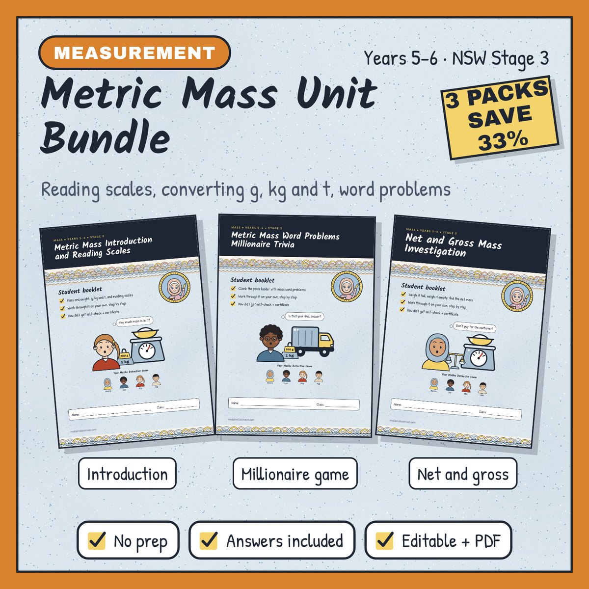 Metric Mass Unit Bundle | Reading Scales, Converting g, kg, t, Word Problems Game and Investigation | Years 5–6 preview 1